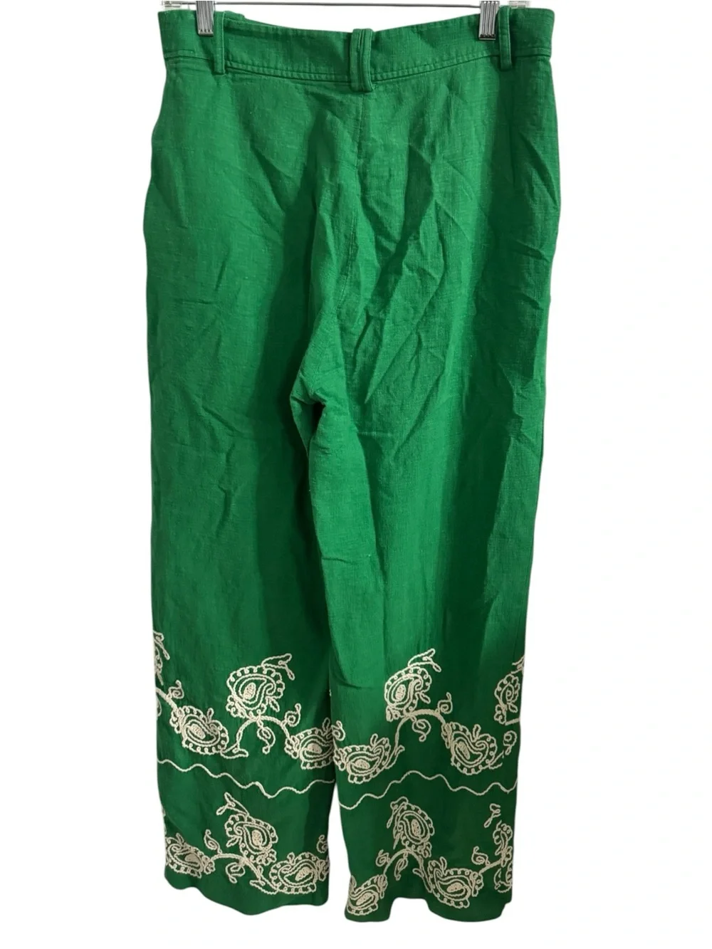 ZARA Green Embroidered Wide Leg Linen Blend Trousers